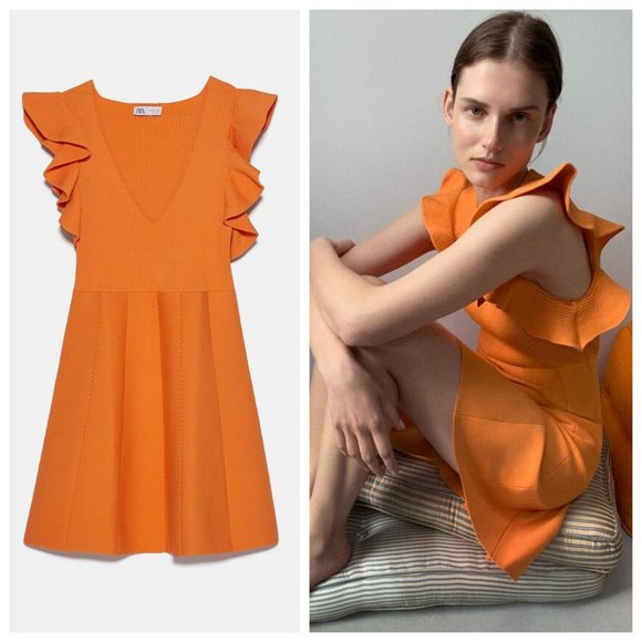 Zara Dresses Zara Orange Bandage Knit Ruffled Sleeve Plunge Dress